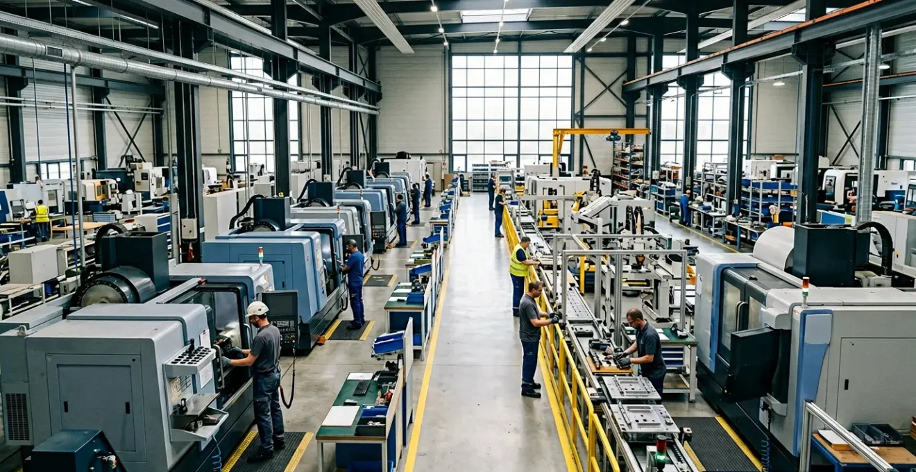 Vue d'ensemble d'un atelier de production industrielle moderne avec lignes de fabrication et opérateurs au travail