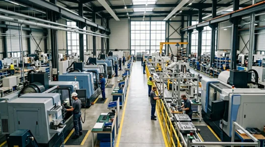 Vue d'ensemble d'un atelier de production industrielle moderne avec lignes de fabrication et opérateurs au travail