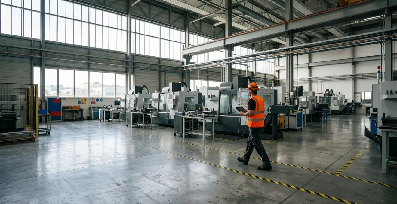 Atelier industriel moderne avec équipements de production et technicien en maintenance préventive