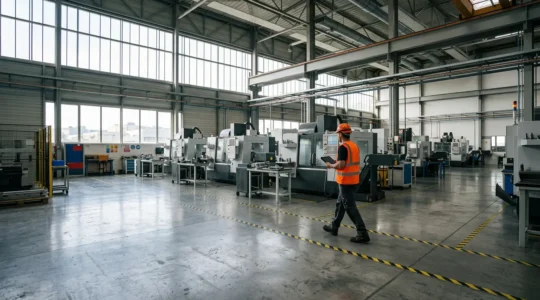 Atelier industriel moderne avec équipements de production et technicien en maintenance préventive