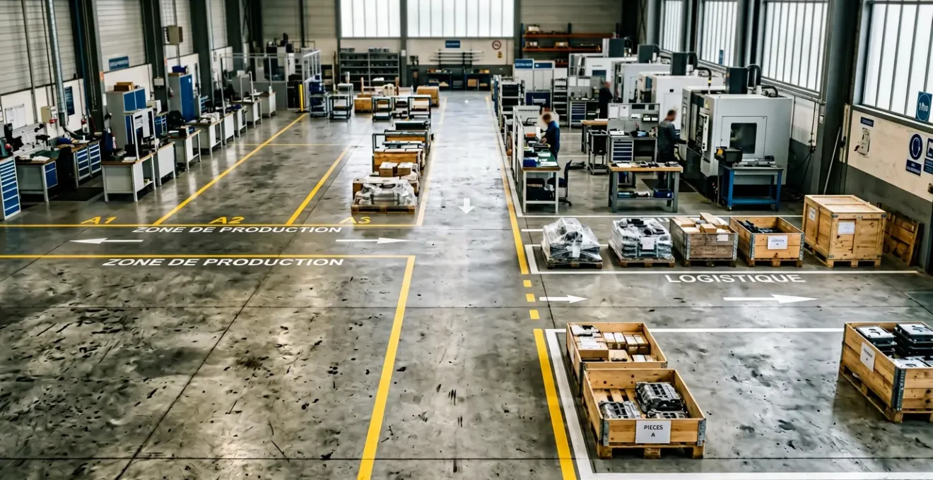 Vue grand angle d'un atelier industriel français avec marquage au sol professionnel et zones de circulation délimitées
