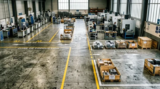 Vue grand angle d'un atelier industriel français avec marquage au sol professionnel et zones de circulation délimitées