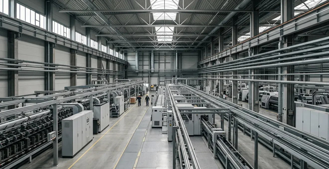 Vue grand angle d'un environnement industriel moderne avec équipements énergétiques, éclairage naturel et espace négatif