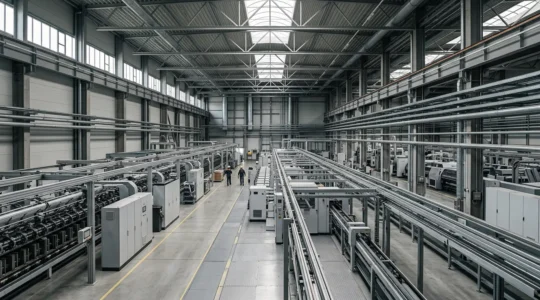 Vue grand angle d'un environnement industriel moderne avec équipements énergétiques, éclairage naturel et espace négatif