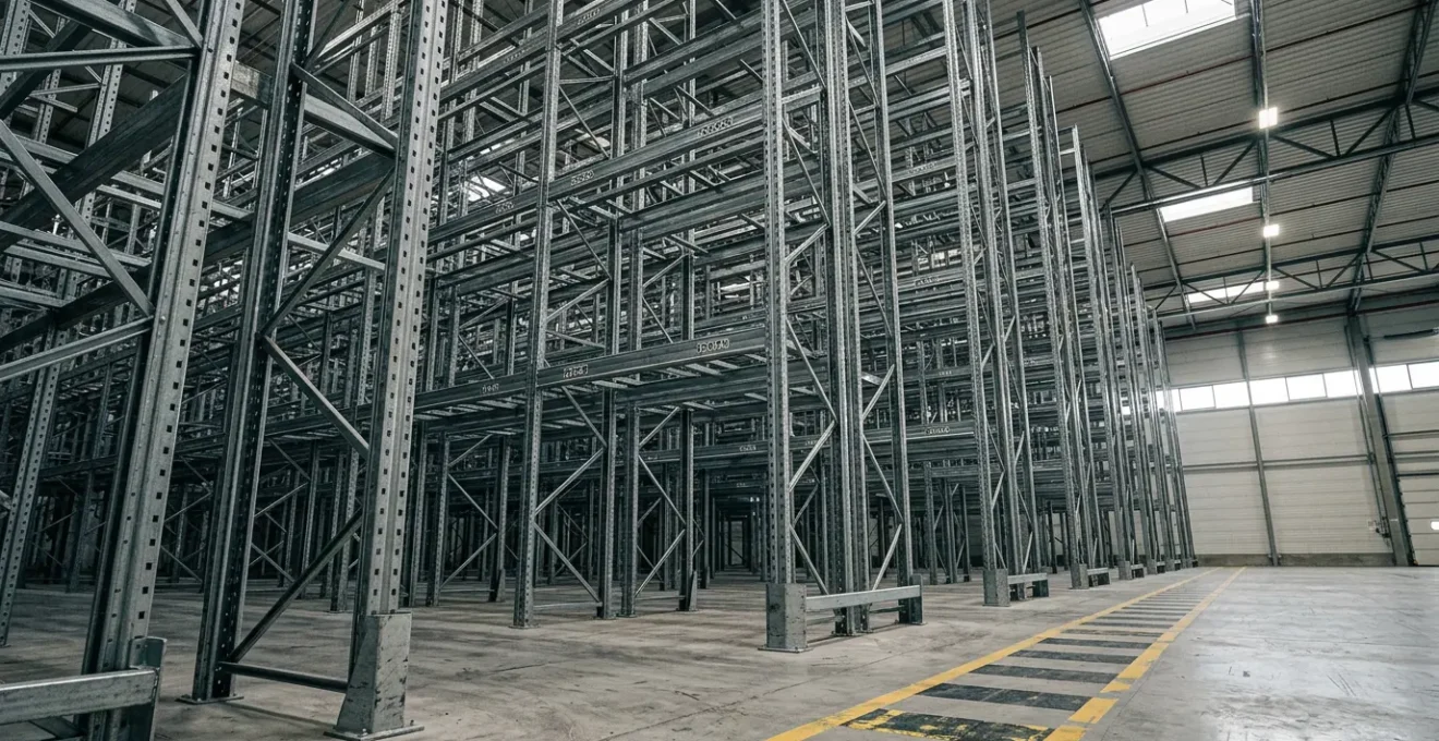 Inspection professionnelle de rayonnages à palettes dans un entrepôt industriel français conforme à la norme EN 15635