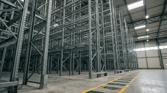 Inspection professionnelle de rayonnages à palettes dans un entrepôt industriel français conforme à la norme EN 15635