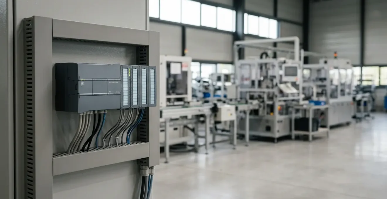 Automate programmable industriel moderne dans un environnement de production, avec des équipements électriques en arrière-plan illustrant la continuité de service