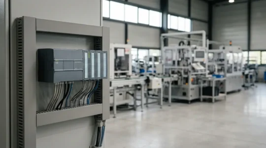 Automate programmable industriel moderne dans un environnement de production, avec des équipements électriques en arrière-plan illustrant la continuité de service