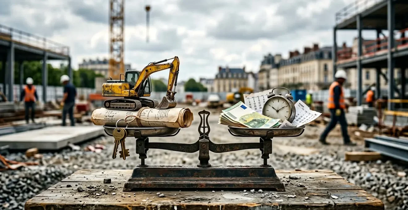 Balance symbolique entre achat et location de mini-pelle sur chantier professionnel