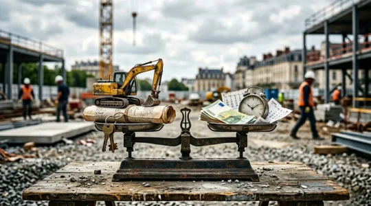 Balance symbolique entre achat et location de mini-pelle sur chantier professionnel
