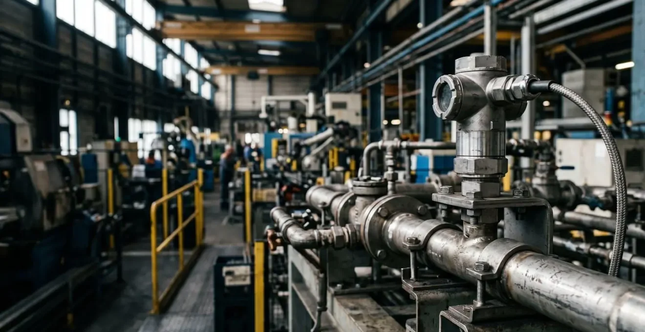 Capteur de pression 4-20mA monté sur circuit hydraulique industriel avec vibrations