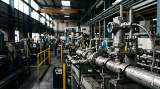 Capteur de pression 4-20mA monté sur circuit hydraulique industriel avec vibrations