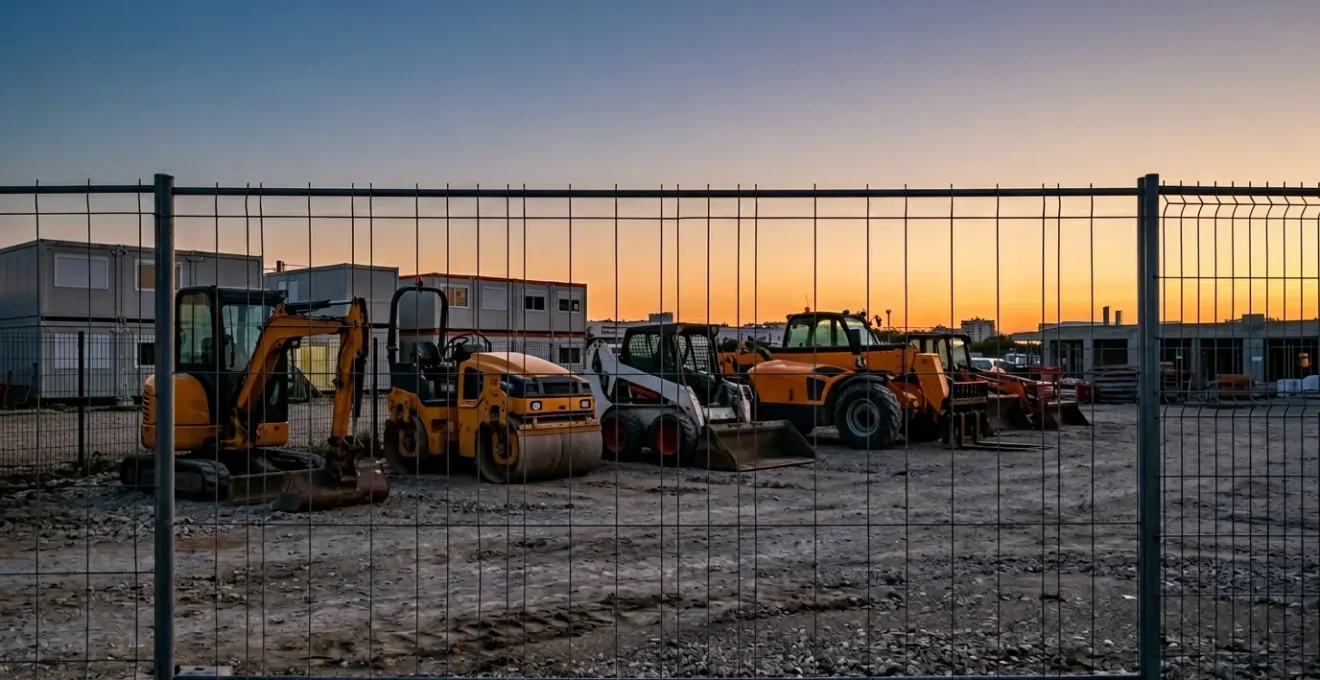 Chantier de construction BTP sécurisé avec équipements et engins protégés contre le vol nocturne