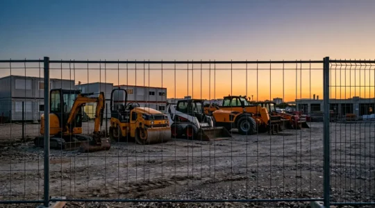 Chantier de construction BTP sécurisé avec équipements et engins protégés contre le vol nocturne