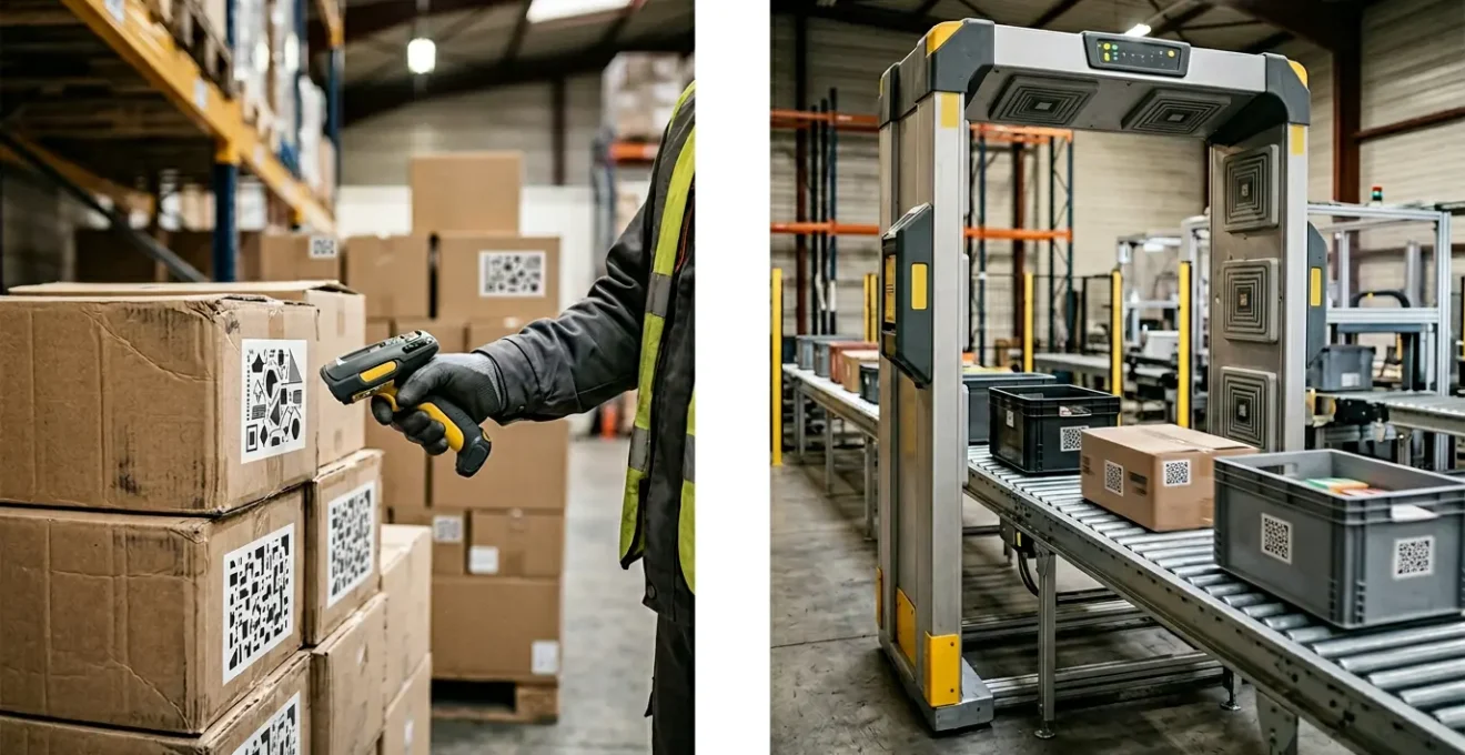Comparaison visuelle entre système de code-barres traditionnel et technologie RFID moderne dans un environnement industriel