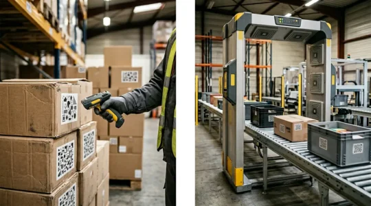 Comparaison visuelle entre système de code-barres traditionnel et technologie RFID moderne dans un environnement industriel