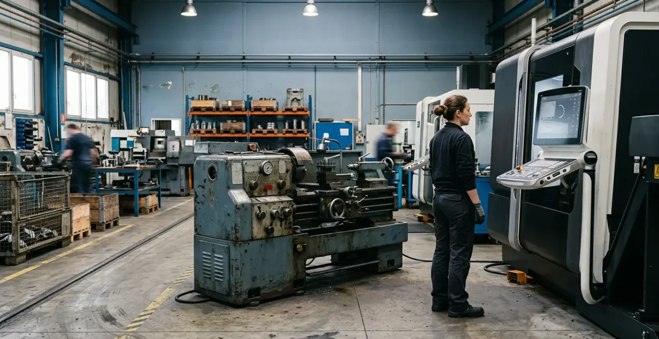 Scène industrielle montrant une machine de production moderne à côté d'équipements anciens dans un atelier français