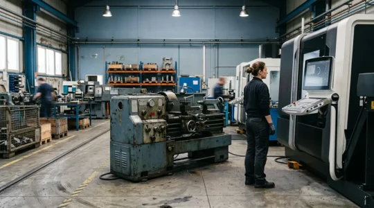 Scène industrielle montrant une machine de production moderne à côté d'équipements anciens dans un atelier français