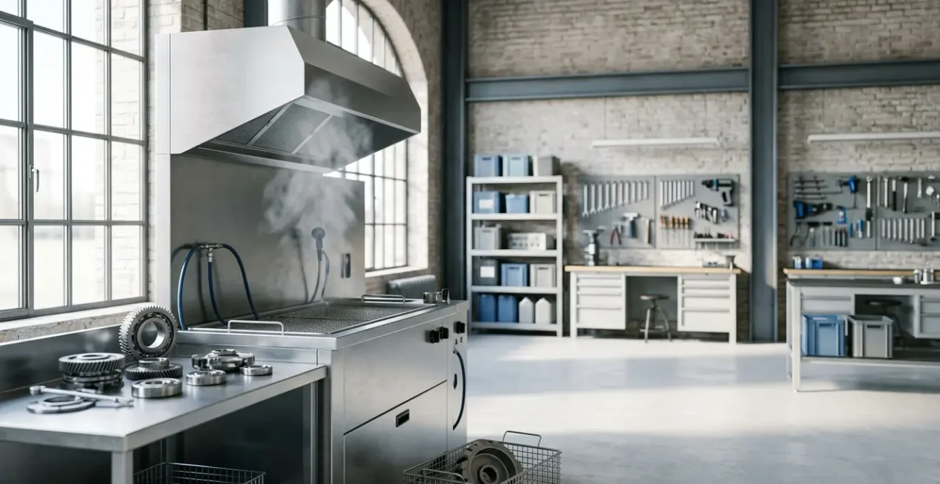 Fontaine de dégraissage écologique dans un atelier mécanique moderne avec pièces métalliques propres