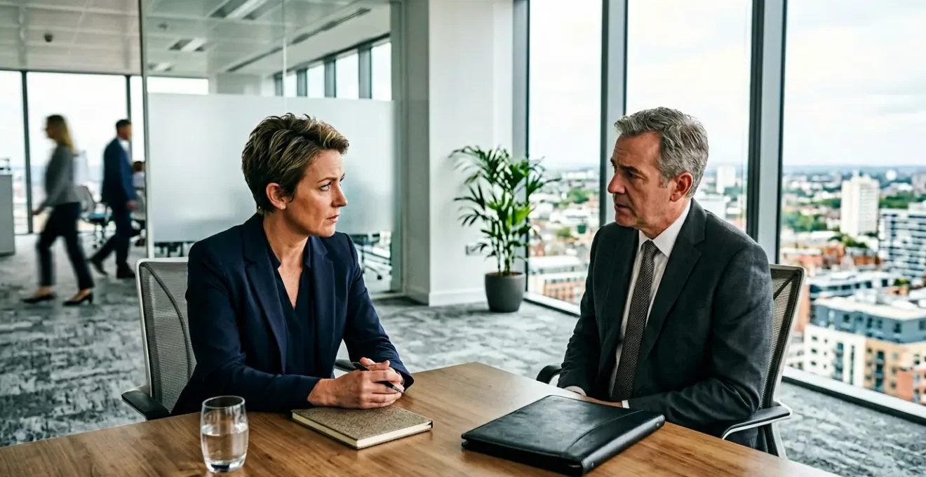 Dirigeant industriel consultant un conseiller juridique dans un bureau moderne, représentant la protection juridique en entreprise