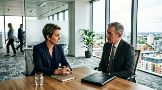 Dirigeant industriel consultant un conseiller juridique dans un bureau moderne, représentant la protection juridique en entreprise