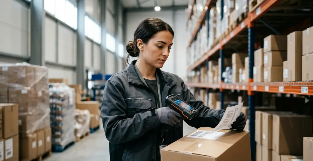 Préparateur de commandes en action dans un entrepôt moderne utilisant une douchette code-barres pour scanner un colis