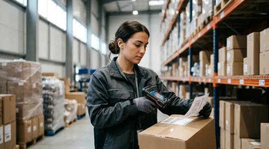 Préparateur de commandes en action dans un entrepôt moderne utilisant une douchette code-barres pour scanner un colis