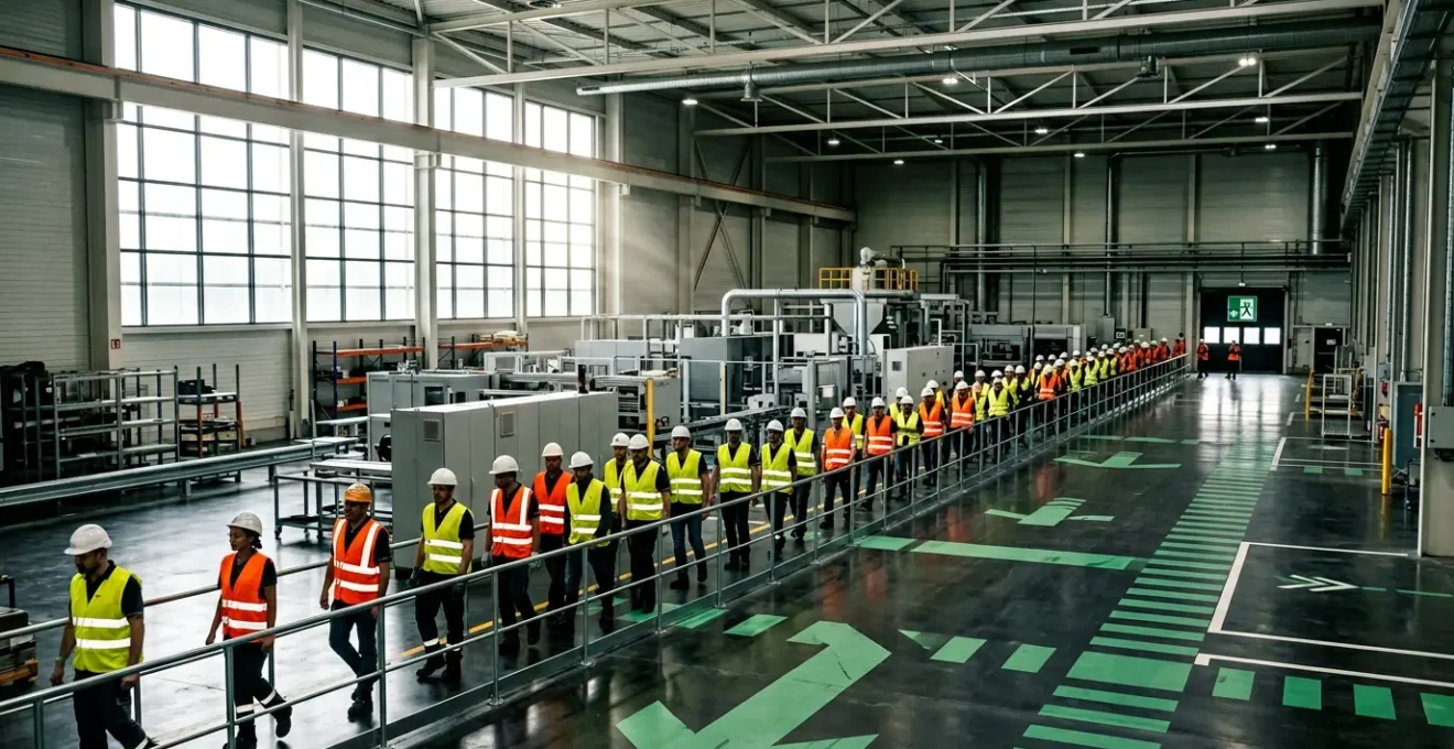 Scène d'évacuation ordonnée dans un environnement industriel avec personnel en mouvement vers les issues de secours