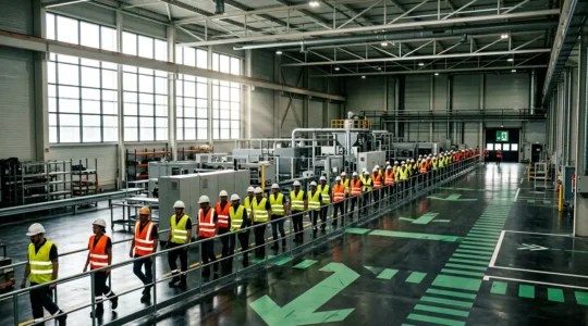 Scène d'évacuation ordonnée dans un environnement industriel avec personnel en mouvement vers les issues de secours