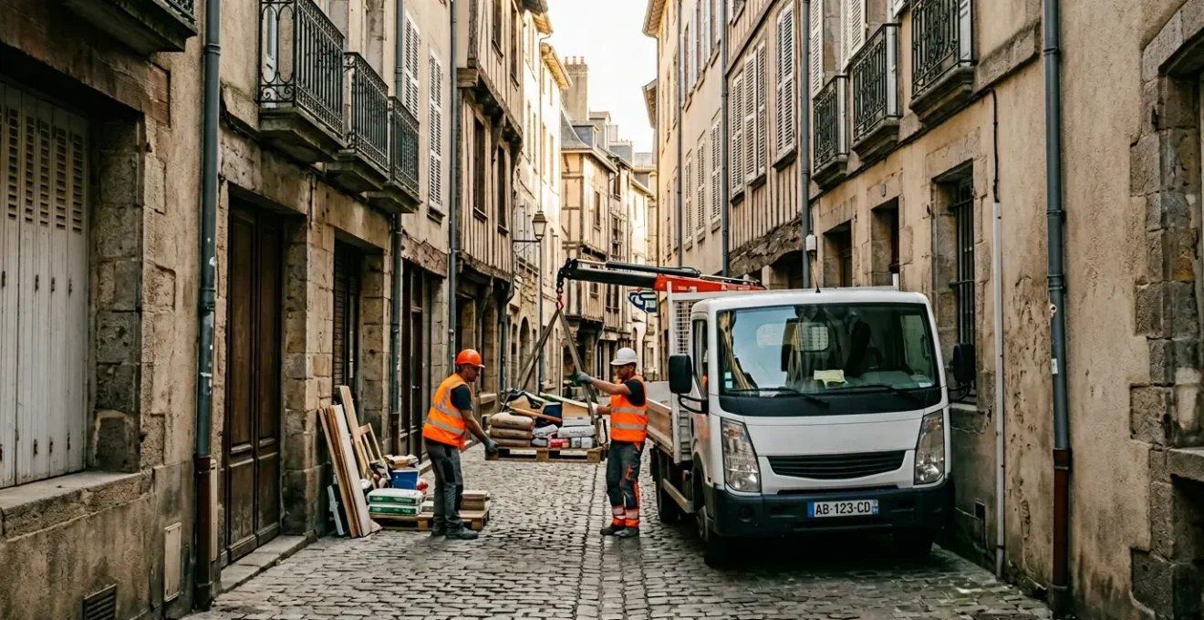 Livraison de matériaux de construction dans une rue piétonne de centre-ville historique français
