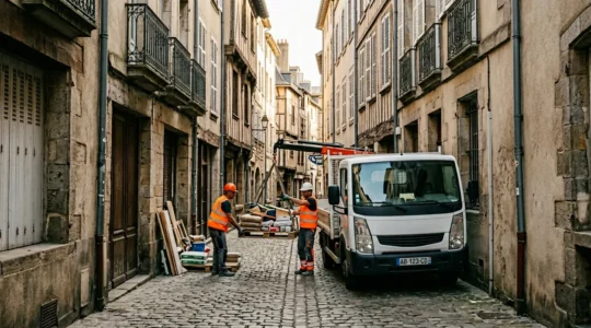 Livraison de matériaux de construction dans une rue piétonne de centre-ville historique français
