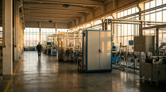 Vue d'un environnement industriel moderne français avec équipements automatisés