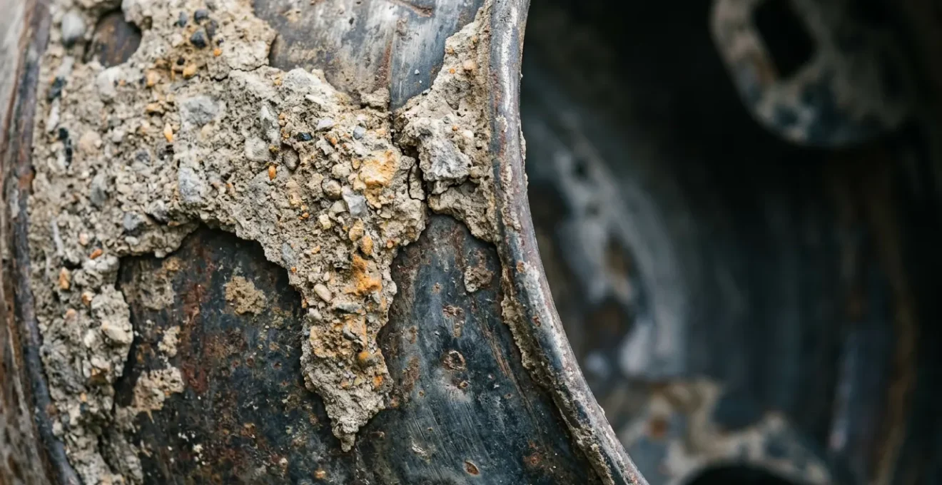 Gros plan sur une cuve de bétonnière avec dépôts de béton séché visibles sur les parois métalliques, ambiance chantier professionnel