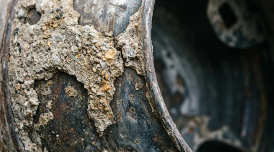Gros plan sur une cuve de bétonnière avec dépôts de béton séché visibles sur les parois métalliques, ambiance chantier professionnel