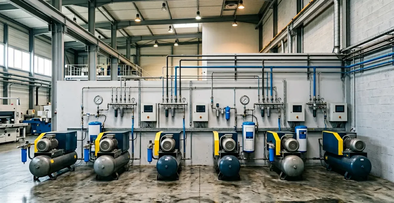 Installation de compresseurs industriels dans un atelier de production moderne avec équipements de monitoring énergétique