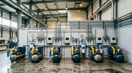 Installation de compresseurs industriels dans un atelier de production moderne avec équipements de monitoring énergétique