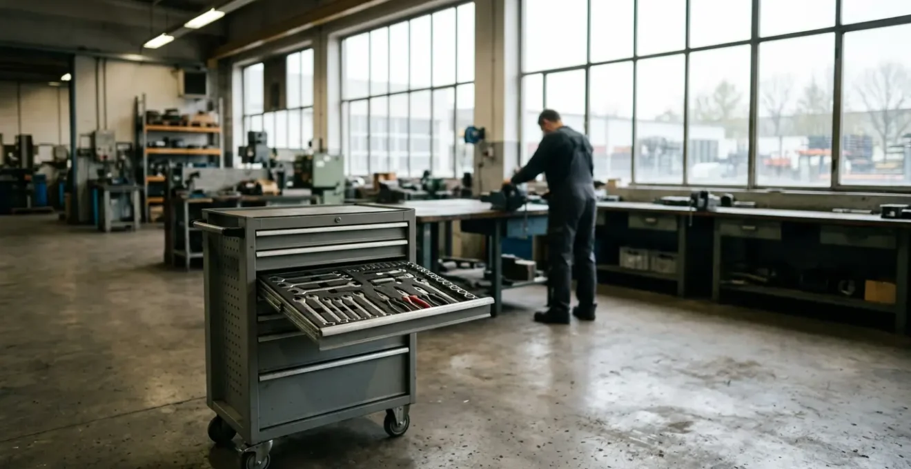 Servante d'atelier professionnelle avec outillage à main organisé pour usage intensif en mécanique