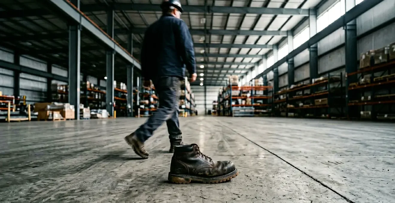 Opérateur en environnement industriel français portant des chaussures de sécurité lors d'une longue marche quotidienne