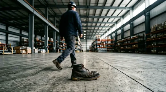 Opérateur en environnement industriel français portant des chaussures de sécurité lors d'une longue marche quotidienne