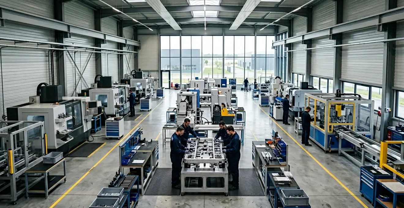 Atelier industriel moderne français avec équipements de pointe et opérateurs qualifiés