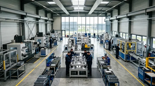 Atelier industriel moderne français avec équipements de pointe et opérateurs qualifiés
