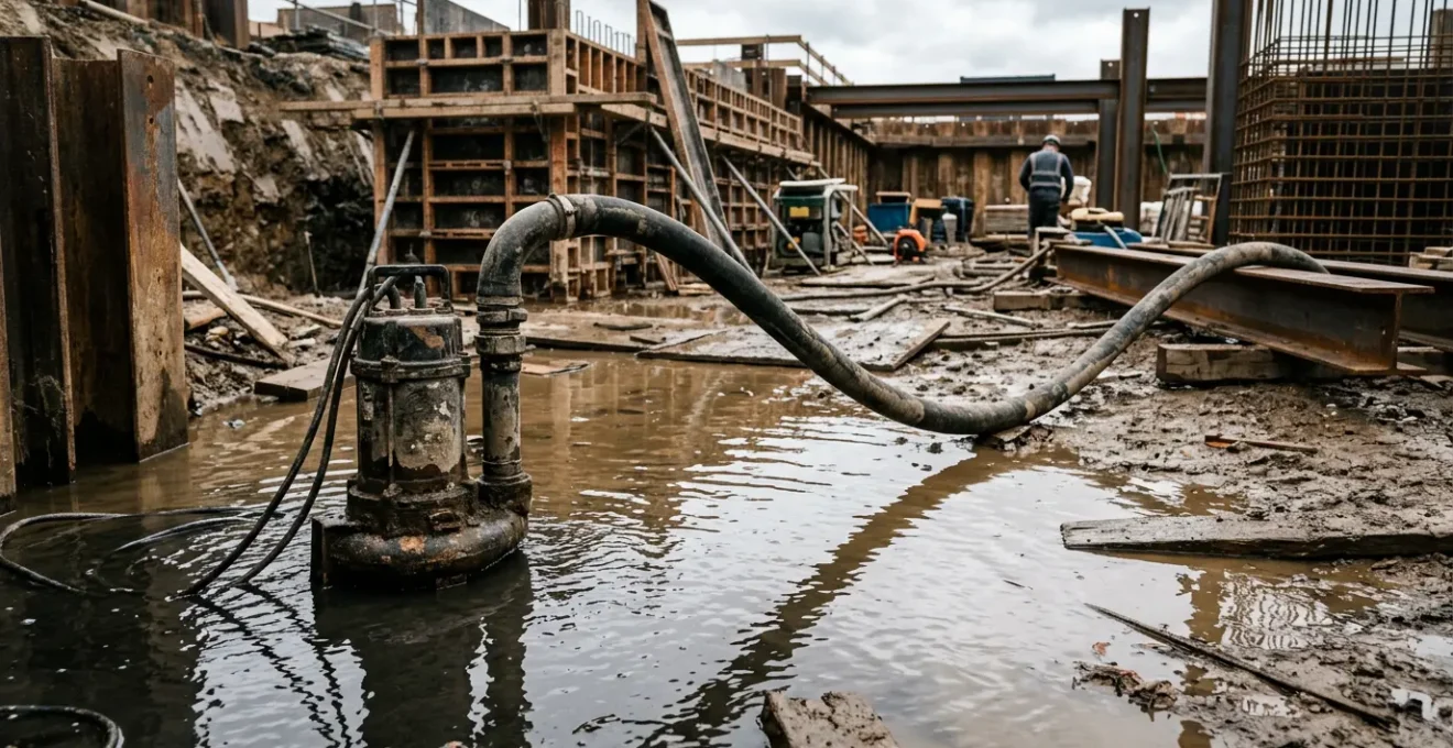 Pompe de relevage industrielle en action sur un chantier inondé avec des eaux boueuses