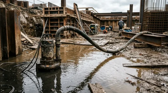 Pompe de relevage industrielle en action sur un chantier inondé avec des eaux boueuses
