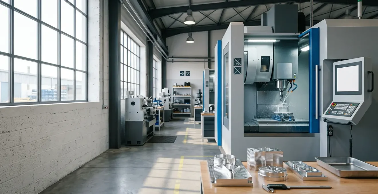 Atelier d'usinage de précision avec centre d'usinage CNC et pièces mécaniques dans la lumière naturelle