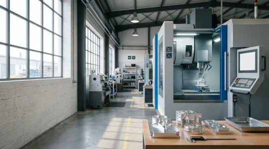 Atelier d'usinage de précision avec centre d'usinage CNC et pièces mécaniques dans la lumière naturelle