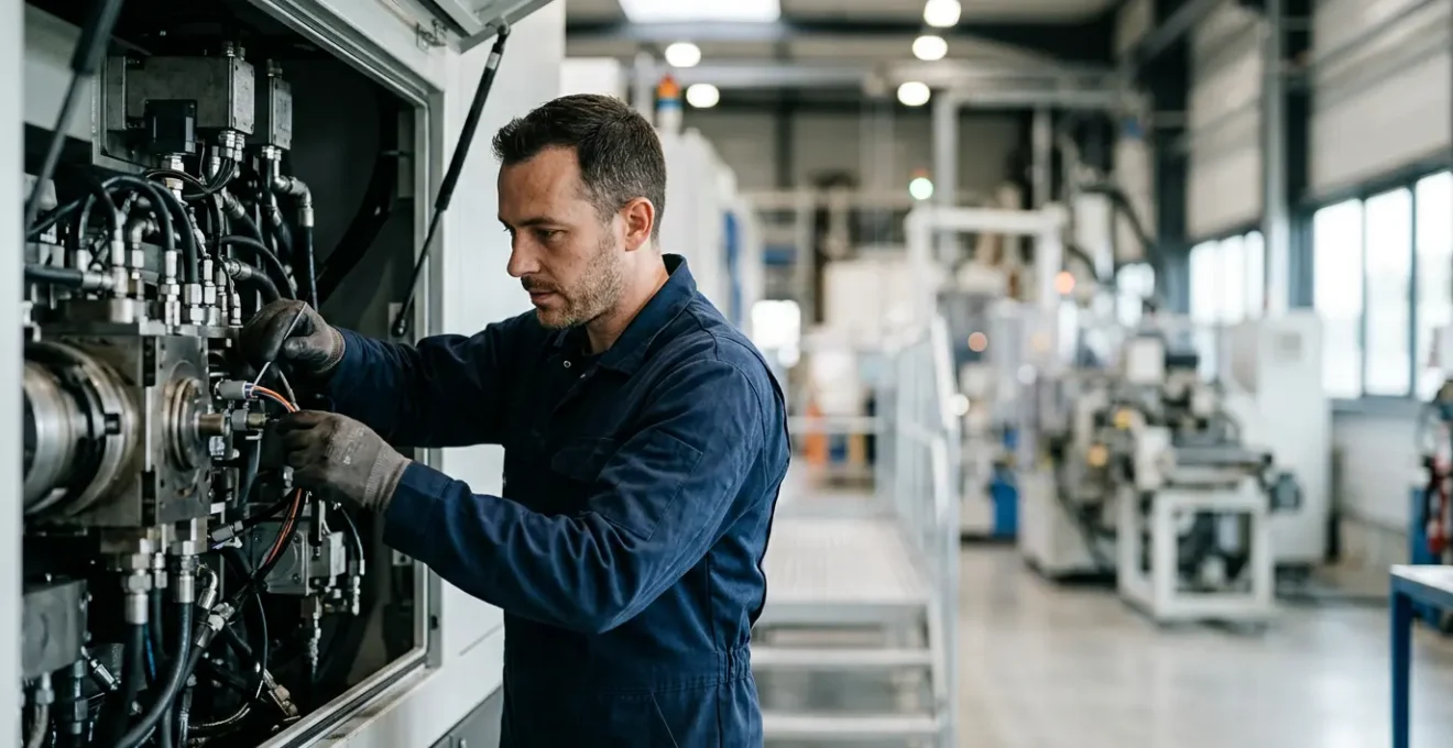 Technicien de maintenance industrielle concentré analysant un équipement mécanique complexe dans un environnement d'usine moderne
