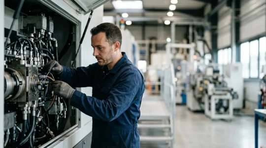 Technicien de maintenance industrielle concentré analysant un équipement mécanique complexe dans un environnement d'usine moderne