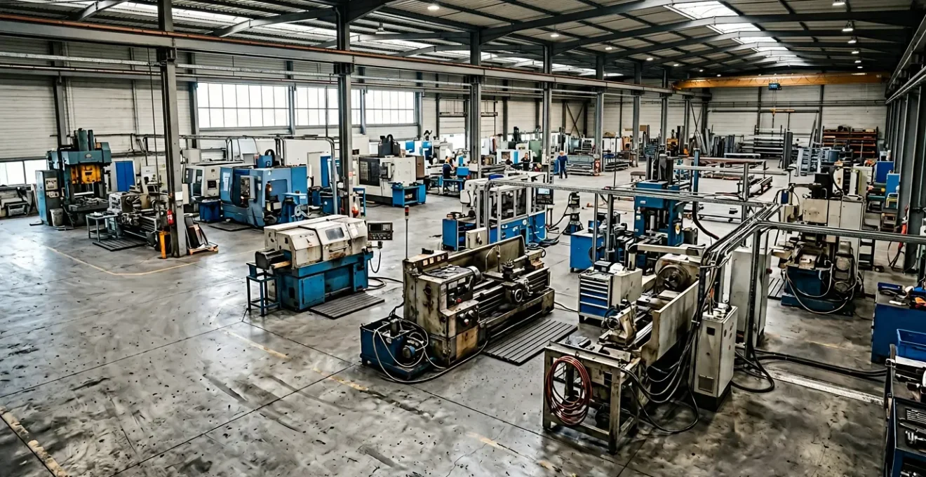 Vue d'ensemble d'un atelier industriel moderne avec machines et systèmes de contrôle connectés