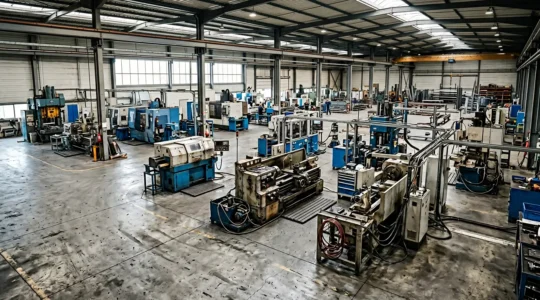 Vue d'ensemble d'un atelier industriel moderne avec machines et systèmes de contrôle connectés