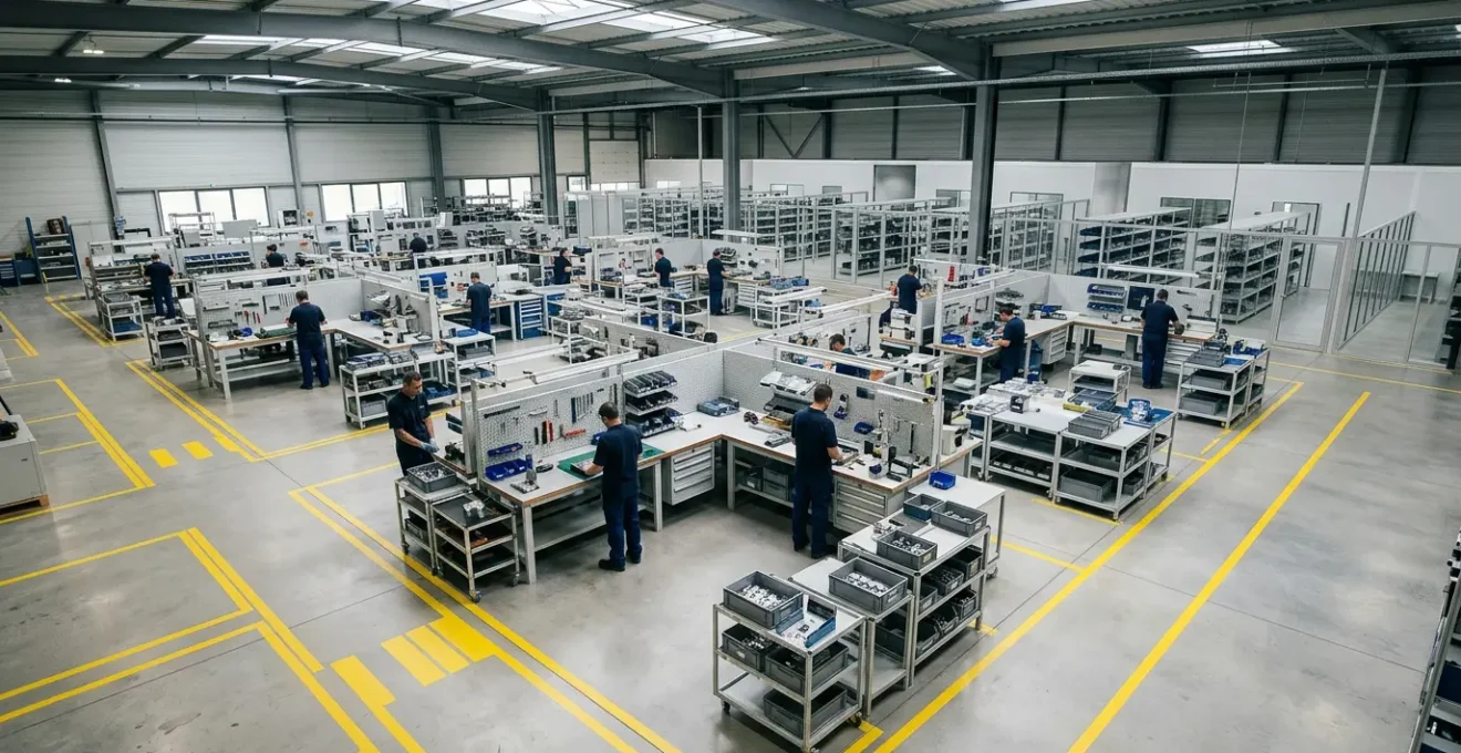 Vue d'ensemble d'un atelier de production moderne réorganisé selon les principes du lean manufacturing